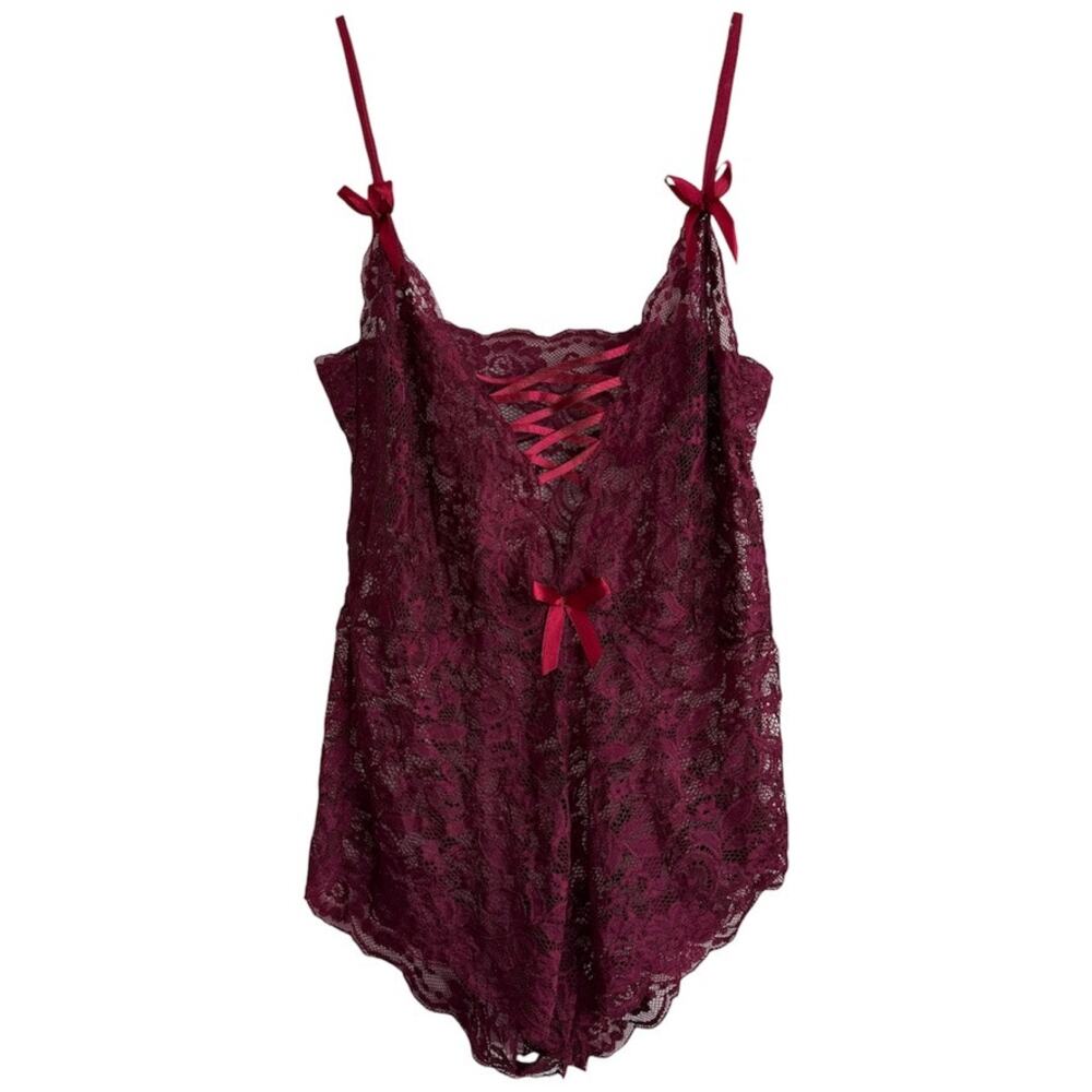 Maroon Lace Romper Sheer Teddy Lingerie Bodysuit Lace Up Bows Size Medium